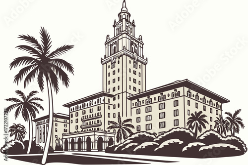 Biltmore Hotel in Coral Gables, Florida, Mediterranean Revival tower rising above palm trees