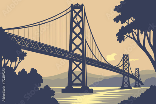 Bay Bridge in San Francisco, California, sweeping double suspension span glowing with lights across the bay at dusk