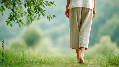Woman walking barefoot on green grass in open nature