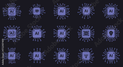Collection of stylized AI processor icons symbolizing artificial intelligence and technology advancements
