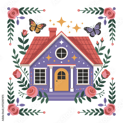 Whimsical purple cottage with red roof surrounded by blooming roses green foliage and fluttering butterflies under a starry sky