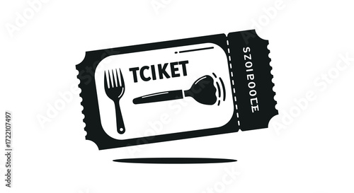 Black and white ticket design featuring cutlery and a stylized graphic