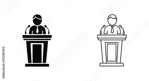 Two black and white icons of people at podiums speaking