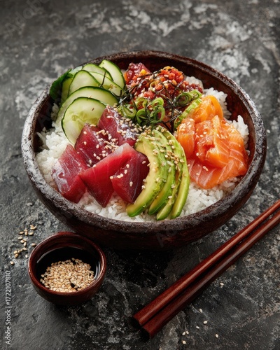 Japanese sushi chirashi bowl with sashimi, avocado, cucumber and sesame seeds over rice