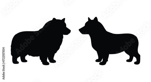 Two corgi silhouettes facing each other a simple black and white image