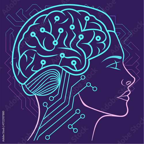 Luminous Neon Line Art of a Cybernetic Female Head with a Digital Circuit Brain.