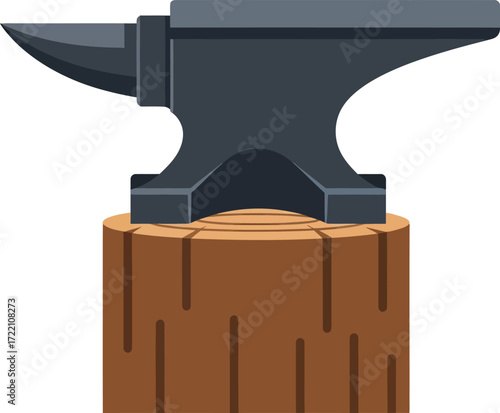 Heavy Industrial Blacksmith Anvil Tool Sitting on a Sturdy Wooden Log Stump for Metalworking Projects