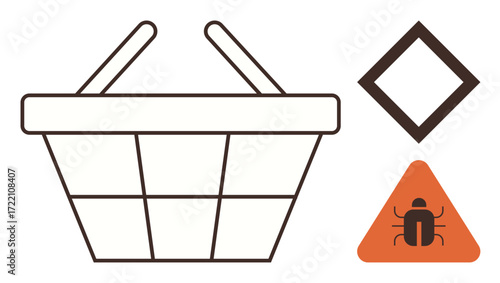 Shopping basket next to warning triangle and bug icon highlights cybersecurity risks in online shopping. Ideal for e-commerce security, warning, technology, software vulnerabilities, online safety