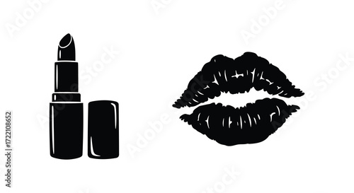 A black silhouette of lipstick and a kiss mark beauty elements