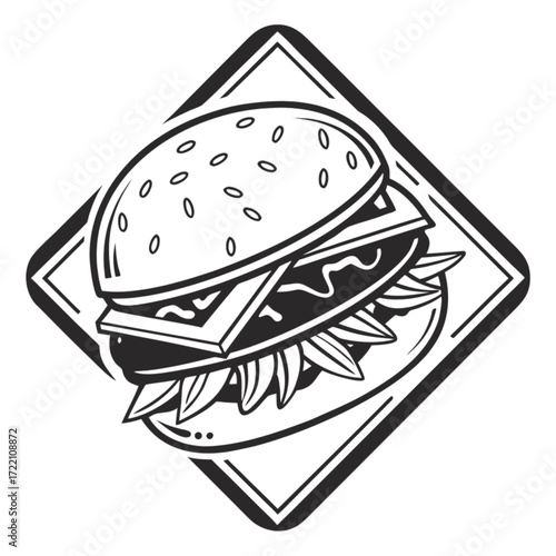 Detailed Black and White Illustration of a Delicious Hamburger Sandwich.