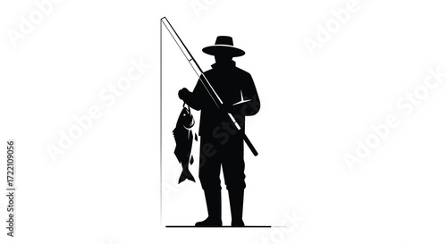 Silhouette of a fisherman holding a caught fish with a fishing rod