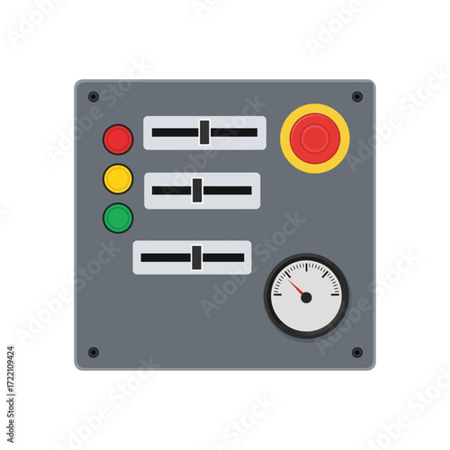 Industrial Control Panel with Emergency Stop Button, Slider Controls, Indicator Lights, and Analog Gauge for Machinery Operations