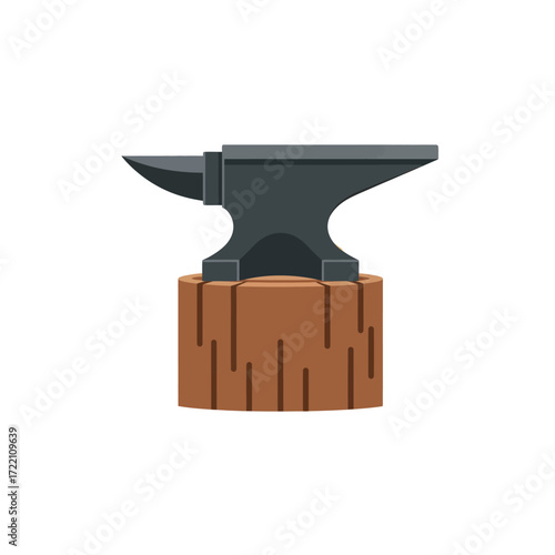 Heavy Iron Anvil Tool Used by Blacksmiths for Metalworking on a Sturdy Brown Wooden Log