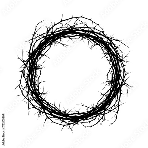 A tangled crown of thorns forming a circular wreath design in black and white.