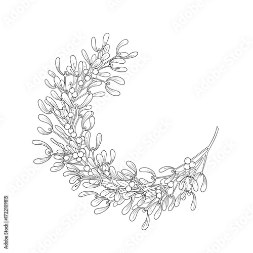 A delicate sketch of a mistletoe sprig with its characteristic leaves and berries.