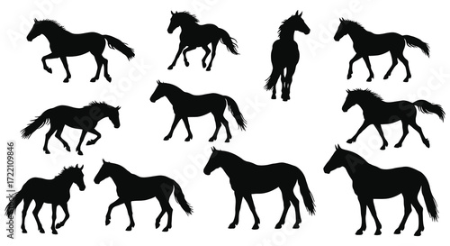 Collection of black horse silhouettes in various dynamic running poses