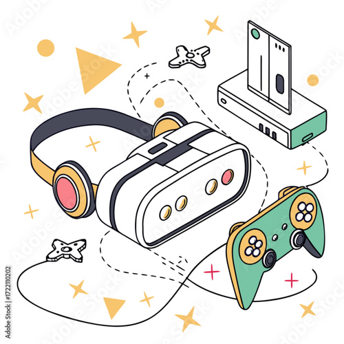 Isometric line art illustration of a virtual reality gaming set including a headset controller and console with a game cartridge.