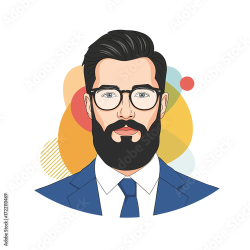 A stylishly dressed businessman with glasses and a beard posing confidently.