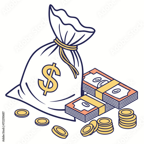 Illustration of a Money Bag with Stacks of Cash and Coins.