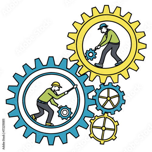 Two engineers collaborating to assemble interlocking gears in a mechanical system.