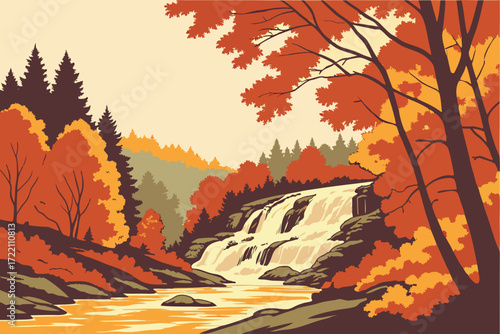 Bond Falls in Upper Peninsula, Michigan, wide tiered waterfall framed by autumn-colored hardwood forest