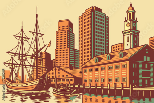 Boston Harbor in Massachusetts, historic waterfront with tall ships, piers, and city skyline reflections