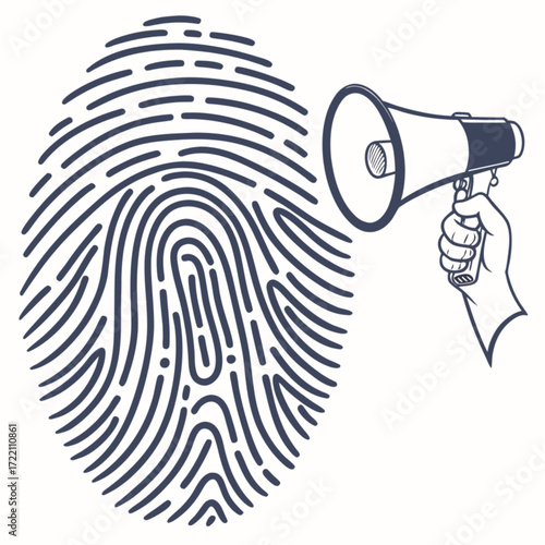Fingerprint and Hand Holding Megaphone Identity Announcement Personal Voice.