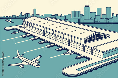Boston Logan International Airport in Massachusetts, waterfront terminal with planes against city skyline