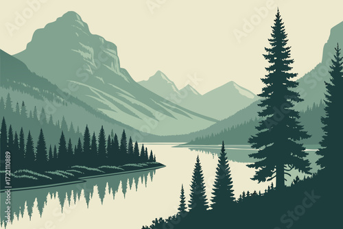 Bowman Lake in Glacier National Park, Montana, long, narrow lake reflecting mountains and dense pine forests
