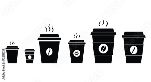 Black and white illustration of various coffee cups with steam and beans