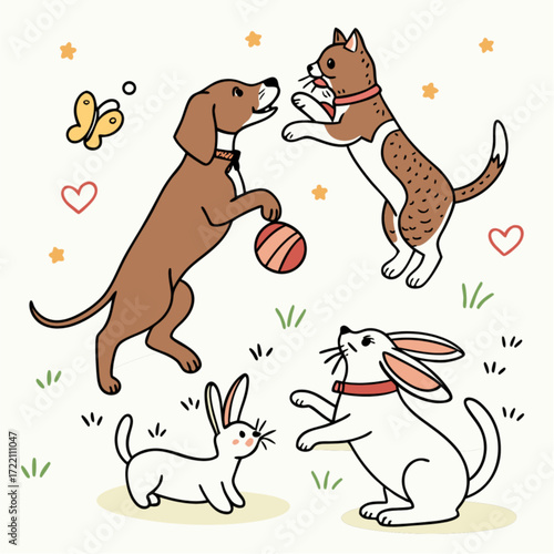 Playful Dachshund Cat and Rabbits Cartoon Illustration.