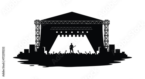 Simple black and white illustration of a concert stage with a performer