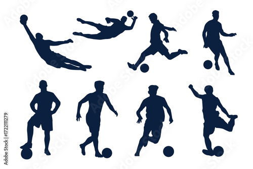 Dynamic soccer player in a flat design silhouette kicking a ball