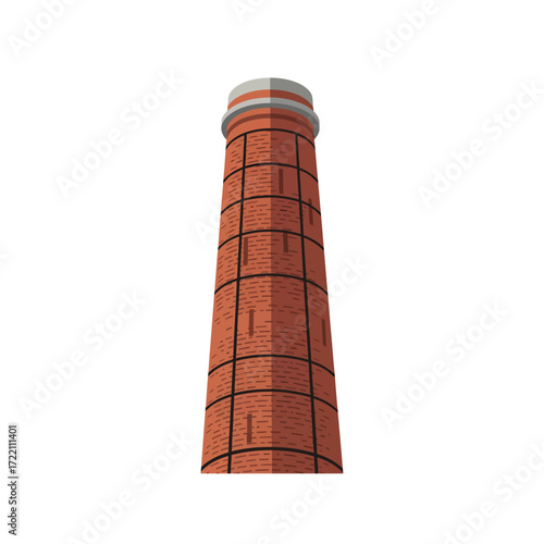 Tall industrial factory chimney stack with red brick construction and grey cap, a symbol of energy and power generation.