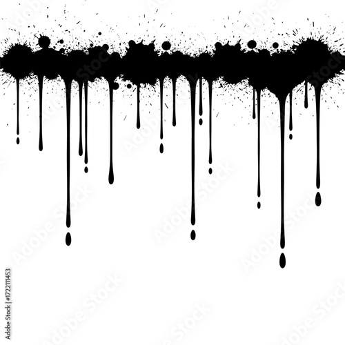 Abstract black ink splashes dripping down against a clean white background creating a grunge effect.