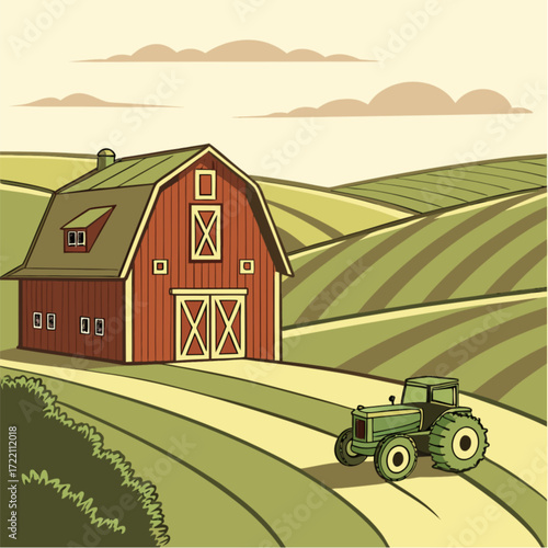 Vibrant Cartoon Farm Scene with Red Barn and Green Tractor on Rolling Hills.