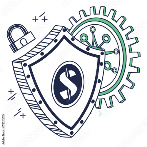 Secure Financial Shield with Digital Gear and Padlock Icon.