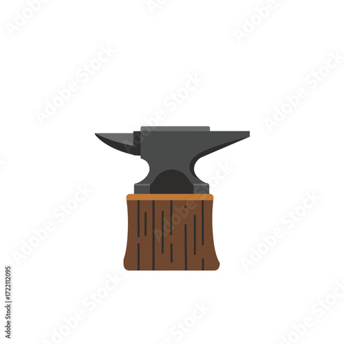 Heavy black iron anvil on sturdy wooden stump in a traditional blacksmith workshop setting, ready for metalworking projects