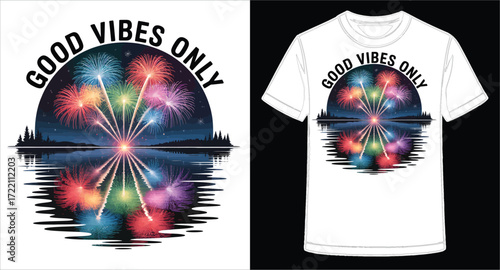 Dynamic good vibes only t-shirt design featuring a radiant cosmic burst of colors and light effects vector