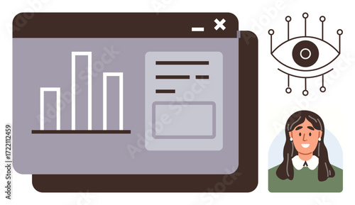 Bar chart on web interface, user portrait, stylized eye for data tracking. Ideal for analytics, technology, security, digital identity, AI monitoring user interface privacy. Simple flat metaphor