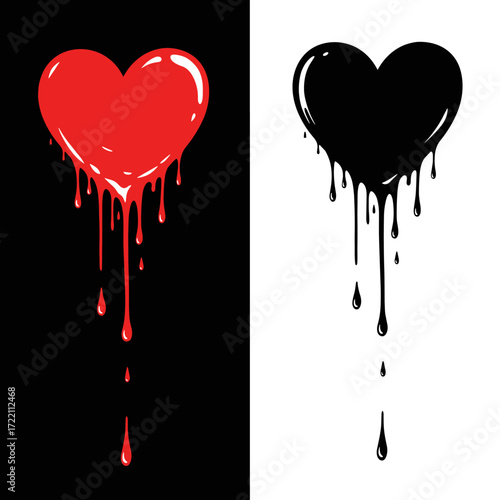 Two dripping hearts one red and one black on contrasting backgrounds.