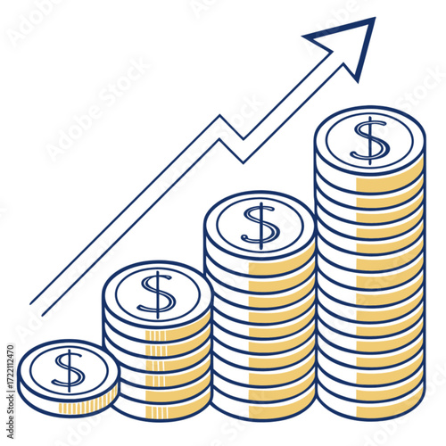 Growing Stack of Coins with Upward Trend Arrow.
