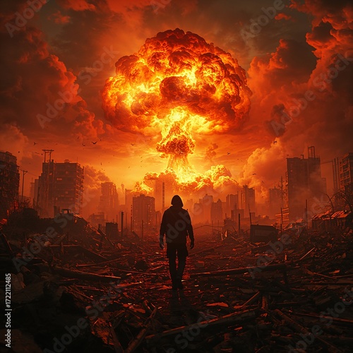 Lone Survivor Walking Through Flaming Post-Apocalyptic City in Nuclear Firestorm Landscape