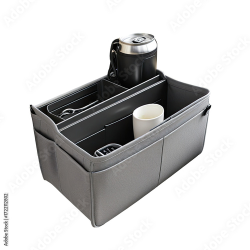 Gray leather car organizer with drinks, studio shot