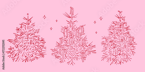 Set of Contour hand drawn Christmas trees decorated with ribbons, bows and baubles on light pink background. Decorative holiday vector design.