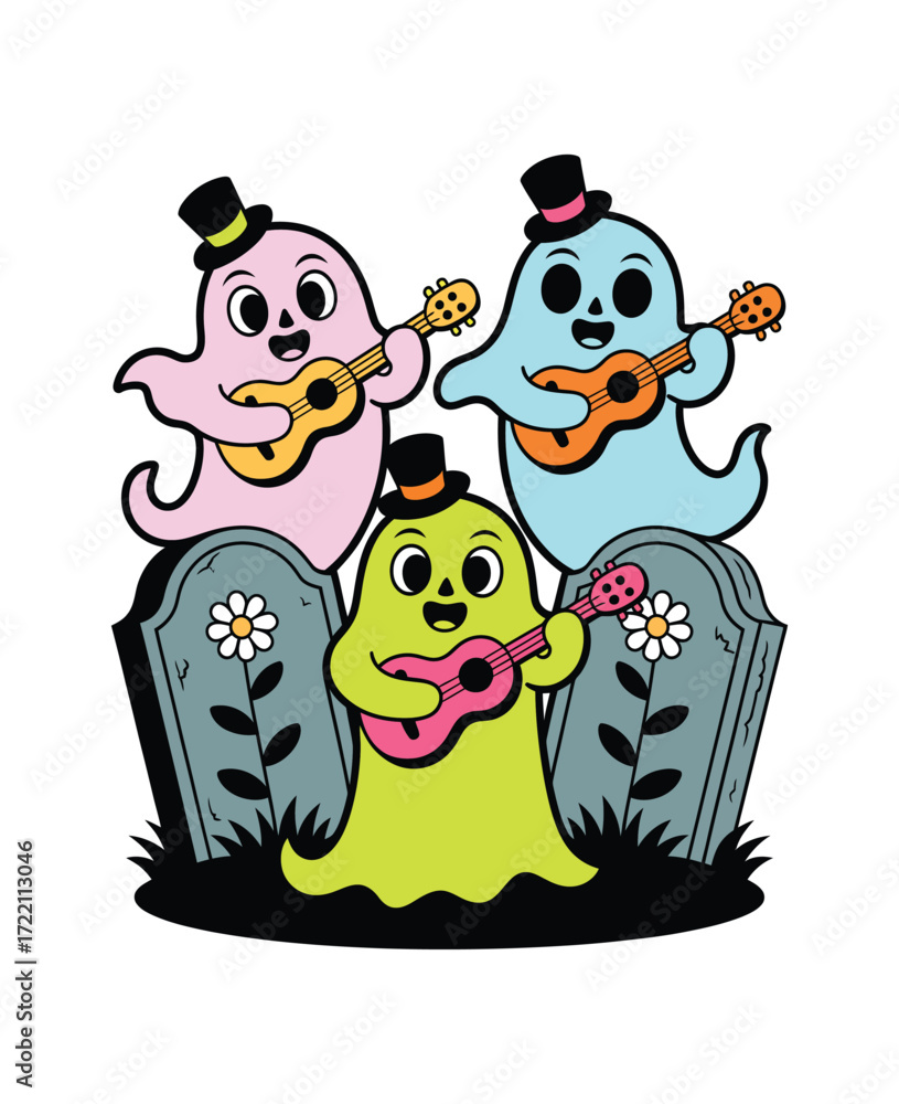 Obraz premium Ghostly Guitar Serenade In The Graveyard Moon With Music Spirits 