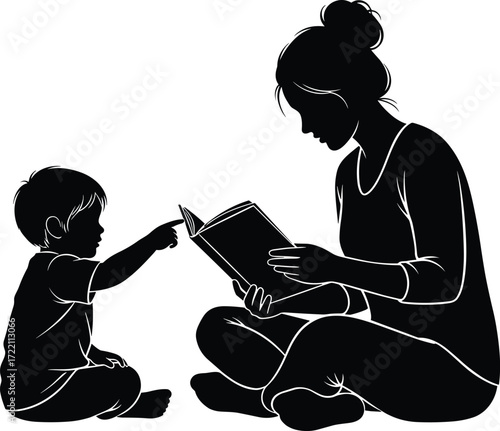 Adult reading book to child, black and white vector illustration, storytelling moment, educational bonding scene, early learning concept, family interaction drawing