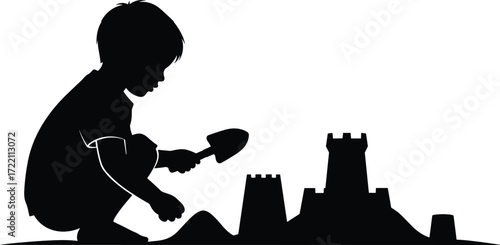 A child plays with a shovel, building a detailed sandcastle on a sunny beach, showcasing creative play and childhood joy.