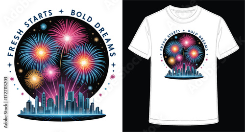 Vibrant fireworks display above a futuristic cityscape inspiring fresh starts and bold dreams t-shirt design vector