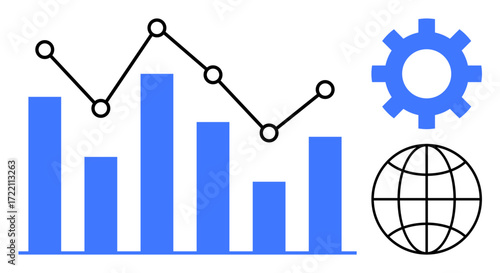 Blue bar graph, line chart, gear, and globe showcasing data analysis, technology, and global trends. Ideal for business analytics, strategy, progress tracking innovation global reach teamwork